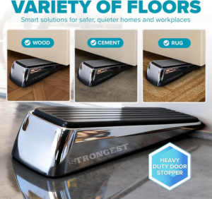 Strongest Home Heavy Duty Door Stopper Wedge (2 Chrome Pcs) | Non-Slip Rubber and Metal Door Stop for Heavy Doors | Work on Wood, Tile, Carpet + 2 White Wall Protectors - Image 6