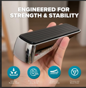 Strongest Home Heavy Duty Door Stopper Wedge (2 Chrome Pcs) | Non-Slip Rubber and Metal Door Stop for Heavy Doors | Work on Wood, Tile, Carpet + 2 White Wall Protectors - Image 7