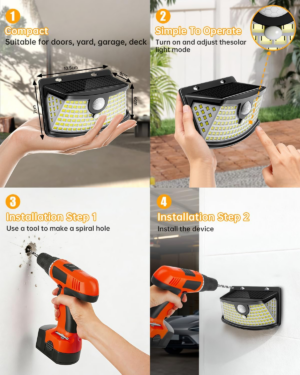 Aootek New Solar Motion Sensor Lights 120 Leds with Lights Reflector,270° Wide Angle, IP65 Waterproof, Step Lights for Front Door, Yard, Garage, Deck (Black, Daylight White, 4-Pack) - Image 6