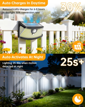 Aootek New Solar Motion Sensor Lights 120 Leds with Lights Reflector,270° Wide Angle, IP65 Waterproof, Step Lights for Front Door, Yard, Garage, Deck (Black, Daylight White, 4-Pack) - Image 5