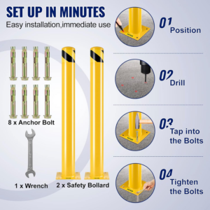 VEVOR Safety Bollard, 42 Inch Height Bollard Post, 4.5 Inch Diameter Steel Pipe Safety Bollard Post, Yellow Steel Bollard, Steel Safety Bollard with 8 Anchor Bolts, Perfect for Traffic-Sensitive Area - Image 4