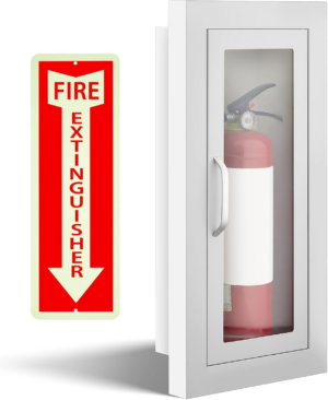 Zonon Semi-Recessed Fire Extinguisher Cabinet with Reflective Sign, Steel Recessed Wall Cabinet Box, Magnetic Door with Handle, Acrylic Window, 2.5 Inch Trim, for 2.5/5/10 Lb. Extinguisher
