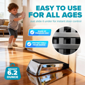 Strongest Home Heavy Duty Door Stopper Wedge (2 Chrome Pcs) | Non-Slip Rubber and Metal Door Stop for Heavy Doors | Work on Wood, Tile, Carpet + 2 White Wall Protectors - Image 3